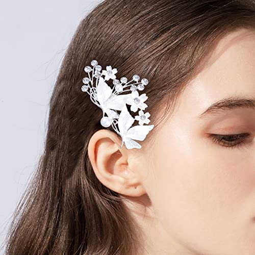 TseenYi Hochzeit Blumen Haarspange Silber Kristall Barrette Perlen Haarspange Butterflry Haarspange Perlen Haarspange Strass Braut Haarschmuck Für Frauen Und Mädchen