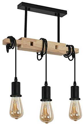 Toolight Suspension Luminaire Industrielle Rétro, Lustre Industriel en Bois, Lustre Réglable Vintage en Métal Noir E27 pour Salon Cuisine Chambre à Coucher (Ampoule non Incluse)