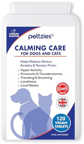 PETTZIES Dog Calming Care Supplement for Dogs and Cats - 120 Tablets for Stressed Nervous Pets. Anxiety Relief from Stress, Barking, Anxious, Fireworks and Loud Noises. Dog Calmer and Calm Aid Product