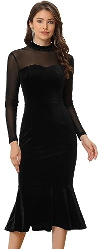 Allegra K Abito aderente da donna, elegante, in velluto velato, con collo a lupetto, abito da cocktail midi, Nero , M