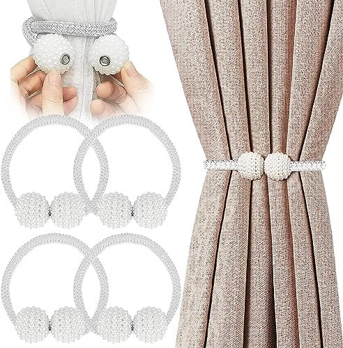 4 Pezzi Fermatenda Magnetiche, Fascette Magnetici per Tende, Clip Tende con Perla, Tessitura Corda, Fermagli per Tendine Fermatenda Magnetico con Perle Decorative, Per Camera da Letto (Bianco)