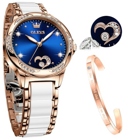 OLEVS Damenuhr Roségold mit Herz Diamant Schwarz Weiße Gesicht Quarz wasserdicht Armreif Armband Set Armbanduhren für Damen