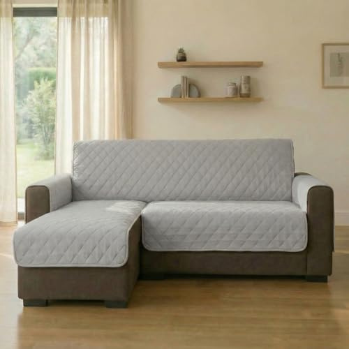 INTRECCI Copridivano 2 Posti con Penisola, Copridivano con Braccioli, Penisola Destra e Sinistra, Telo Angolare, Impermeabile, Protegge da Macchie, Facile da Lavare. Colore: Grigio Chiaro