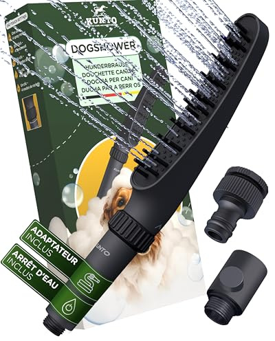 KUNTO® Hundebrausekopf inkl. Gartenschlauchadapter & Wasserstop - Hundedusche Duschkopf mit 79 Düsen, 4 Strahlarten & 30 Silikon-Massage-Borsten - Mobile Hunde-Duschbrause für drinnen & draußen