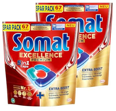 Somat Excellence Premium 5 en 1 Caps, 268 Caps (2 x 134 Caps), pastillas para lavavajillas de liberación rápida con Extra Boost, Somat Caps eliminan incluso 72 h de restos de comida secos y