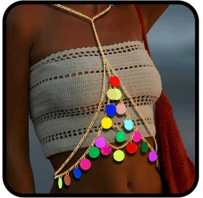 Ushiny Sexy Pailletten Körperkette goldene Brustketten Bikini Rave Accessoires bunte Party Körper Accessoires Strand Körperkette Schmuck für Frauen und Mädchen