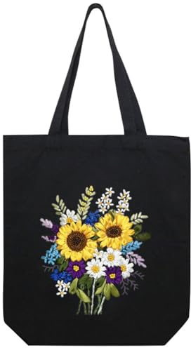 KABAKE Kit de Bordado de Cinta de Seda en Bolso de Lienzo para Principiantes, Kit de Inicio de Artes y Manualidades DIY, Incluye Bolsa Estampada, Hilos, Herramientas (Negro con Girasol)