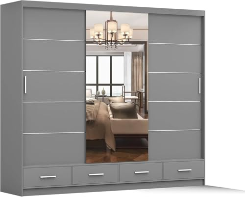 Kleiderschrank mit Spiegel grau -Schwebetürenschrank - Schlafzimmerschrank - 61 x 250 x 218 cm - Wohnzimmerschrank - Garderobenschrank Schrank mit Zwei Türen, 4 Schubladen - Imoebel24