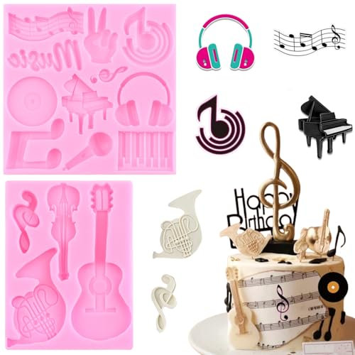 RFGHAC Music Note Fondant Mould Guitar Piano Keyboard Piano Mould for Sugar Cake Decorating Cupcake Topper Gum Paste Polymer Clay Set of 2