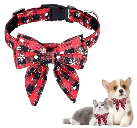 Hundehalsband Weihnachten, Katzenhalsband Mit Schleife, Fliege für Hunde, Niedliches Karomuster, Weihnachtskostüm, Haustier Halsband für Kätzen und Hunde (S)