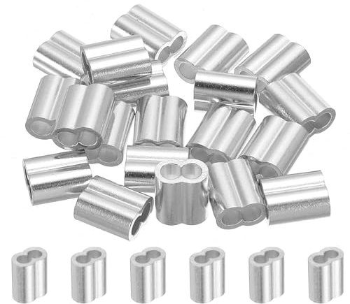 sourcing map 5/32 4mm Aluminum Crimping Loop Sleeve Double Ferrule for Wire Rope Cable Line End, Silver 20pcs