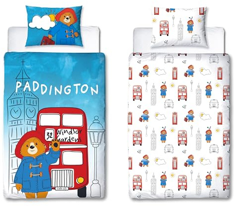 Character World Offizielles Paddington Bear™ Bettbezug-Set für Einzelbett, 2-seitiges, wendbares Stationsdesign, passender Kissenbezug, Einzelbett-Set, Weiß und Blau, Polycotton