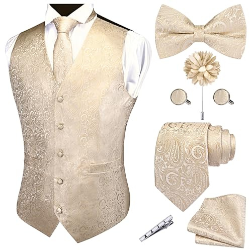 GUSLESON Mens Paisley Champagne Suit Vest Tie and Bow Tie Set Silk Waistcoat Necktie and Pocket Square Lapel Pin Set (6103-25-L)