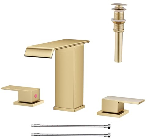 AVSIILE Waterfall Bathroom Faucet 3 Hole, Brushed Gold 8 Inch Widespread Modern 3 Piece Bathroom Sink Faucets & Parts, Touch On Lavatory Faucet for Bathroom Vanity