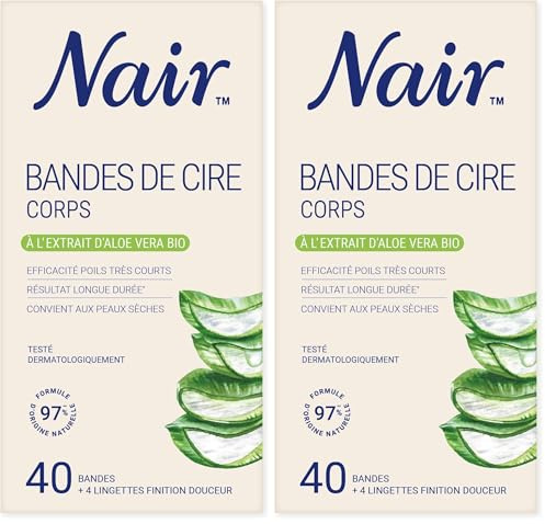 NAIR - Bandes De Cire Froide Corps, Spéciales Peaux Sèches, A l'Extrait d'Aloe Vera Bio, 97% d'Origine Naturelle, NaturAdvanced Technology, 40 Bandes (Lot de 2)