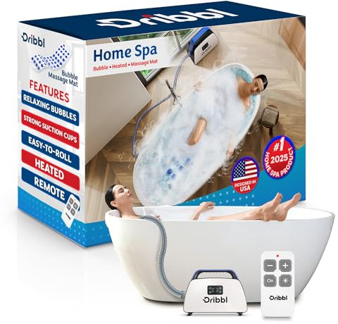 Dribbl Electric Bubble Massage Bathtub Mat – Non-Slip Full-Body Waterproof Hot Tub Spa Mat for Bath with Heater, Motorized Air Pump, and Remote Control, 6-Speed Adjustable Massage, Blue