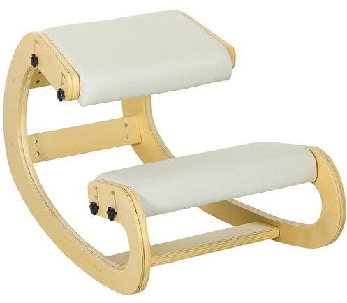 HOMCOM Kniesitz, ergonomischer Schaukelstuhl aus Holz, Verstellbarer Kniestuhl für das Heimbüro, Verbesserung der Körperhaltung, Rückenschmerzen, Creme
