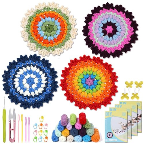 Kit per la produzione di sottobicchieri all'uncinetto, kit sottobicchiere all'uncinetto per principianti | Set di sottobicchieri in vaso - Kit di avviamento all'uncinetto Coaster Kit gancio