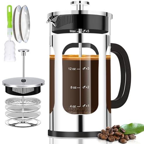 YMMIND French Press Coffee Maker (21oz 600ML 3-4Cup) Coffee Press, with 4 Filters System, Heat Resistant Thickness Borosilicate Glass, Cold Brew Coffee Tea Pot Gifts (Silvery)