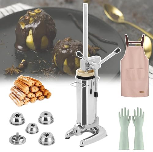 GLJTUO Macchina per Ciambelle Spagnole Verticali, Riempitrice Manuale per Churro, con 4 Paia di Guanti, 5 Stampi E 1 Grembiule, Grande capacità E Dimensioni Compatte, Mate,3L