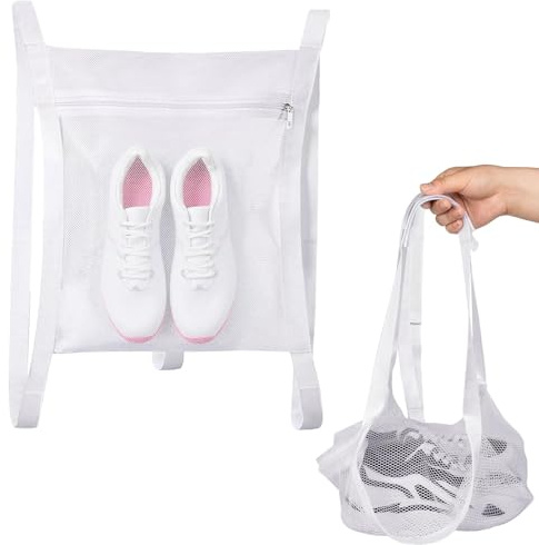2 Stück Schuhwaschbeutel Waschmaschine mit Klettverschlussriemen Selbstklebend, Netzstoff Schuhe Waschbeutel, Wiederverwendbare Wäschenetz Wäschebeutel, Schuhbeutel für Sneaker und Netzschuhe (Weiß-V)