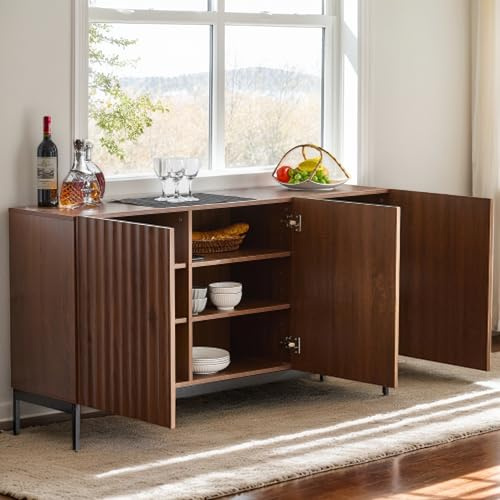 150 x 40 x 80 cm roble oscuro veteado, aparador moderno, armario decorativo Mid-Century, 3 puertas, diseño ondulado en 3D, estantes ajustables, cierre de seguridad, almacenamiento elegante para salón