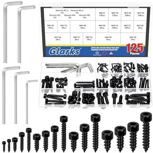 Glarks 125pcs M2/M3/M4/M5/M6 Black Hex Socket Head Cap Self-Tapping Screw Kit, 120pcs 16 Sizes Hexagon Socket Head Cap Wood Screws, 5pcs 5 Sizes Hex Wrench for Construction Carpentry