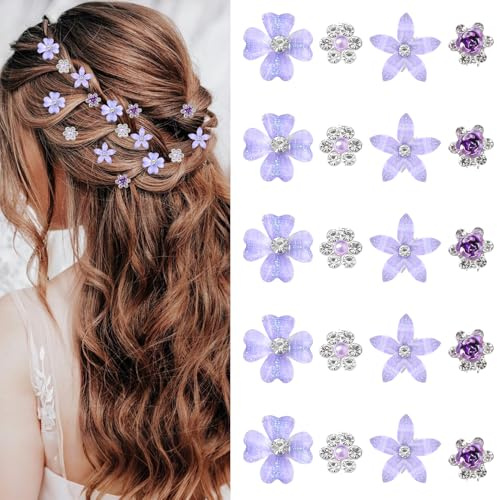 20 stycken små blomhårspännen, mini-blomhårspännen små söta strass-hårnålar i metall för kvinnor håraccessoarer bröllopshåraccessoarer nattvard flickor brudhåraccessoarer (lila)
