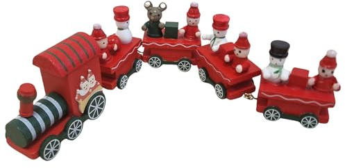 Train de Noël en Bois Rouge, 5 pièces: Locomotive et Wagons avec Figurines Père Noël, Bonhomme de Neige et Ours, décoration intérieure, Ornement Hivernal, 26 cm