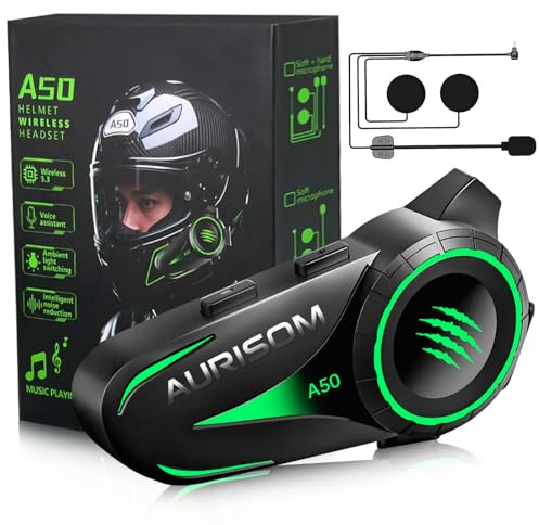 AURISOM Motorcycle Helmet Bluetooth Headset Noice Cancellation, Wireless Helmet Speakers 4 Colors LED Light,1200mAh Battery, IP67 Waterproof/HiFi Sound, Smart Motorcycle Headphones for All Helmets