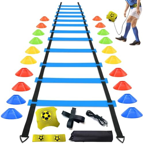 bangminda Fotbollsträningstillbehör med 6 m agility-stege, 20 st hattar och fotboll, kick tränare, koordinationsstege sats, fotbollsträning, agility-träning