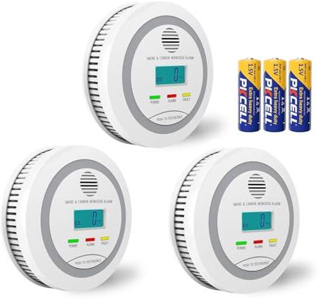 Smoke & Carbon Monoxide Detector with Batteries, 2-in-1 CO Detector Alarm for Home, Garage, and RV with LCD Display Safety Alarm System, Audible and Visual Alert (3 Pack)