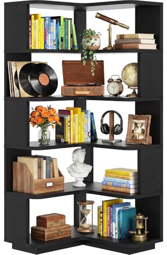 iSunirm Eckregal mit 5 Ebenen, L-Form Bücherregal für Ecken, Modernes Standregal Aktenregal für Wohnzimmer, Schlafzimmer & Büro, Holzregal Platzsparend, 60x60x162 cm, Schwarz