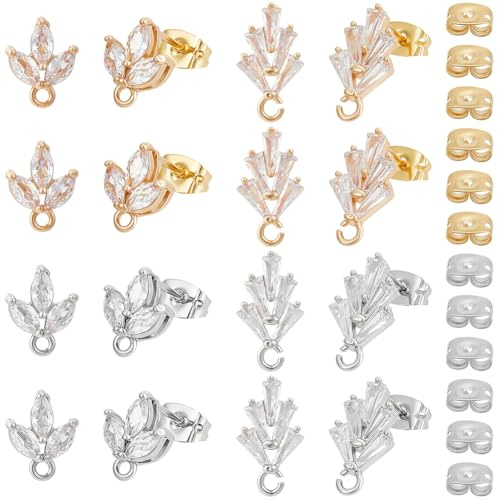 Beebeecraft 16 Pezzo 2 Colori 2 Stili Componenti per Orecchini A Forma di Foglia Componenti per Orecchini A Perno A Forma di Pianta Placcati in Oro 18K e Argento Sterling Molla con Zirconi Cubici