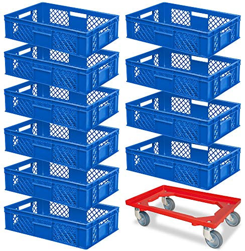 BRB Lot de 10 bacs euro, L x l x H 600 x 400 x 150 mm, qualité industrielle, qualité alimentaire, bleu + 1 chariot de transport, rouge
