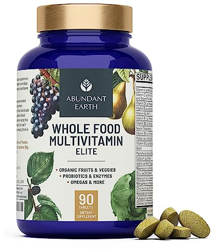 Abundant Earth Whole Food Multivitamin for Women, Daily Multi Vitamins Supplements for Men/Mens Multivitamins + B Complex, Probiotic Multi Enzyme, Omegas for Organic Energy, Mood, Digestion 90ct