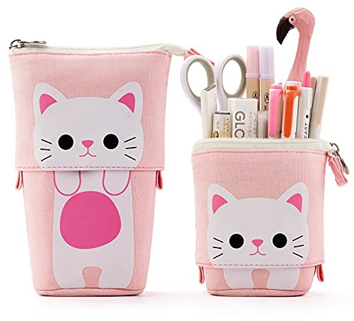Maomaoyu Katz Schön Stehendes Mäppchen, Handy Einziehbares Federmäppchen, Praktische Leinwand Stifte Etui für Schule & Uni, Stifthalter Federtasche für Teenager Mädchen Jungen Kinder, Rosa