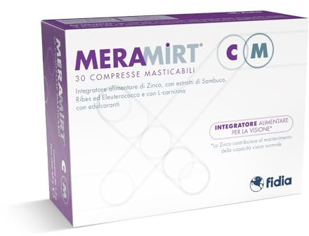Fidia Farmaceutici MERAMIRT CM 30 Compresse Masticabili, Integratore Alimentare a Base di Zinco, con Estratti di Sambuco e Ribes, Eleuterococco e L-carnitina, Stress Visivo da Digital Device