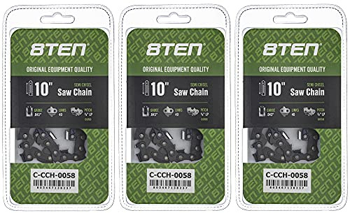 8TEN Semi Chisel Chainsaw Chain 10 Inch .043 3/8 LP 40DL for Ryobi Black & Decker Poulan Husqvarna Echo Craftsman (3 Pack)