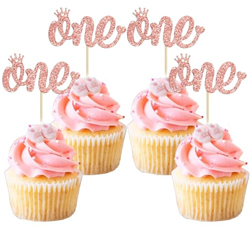 Gyufise 24 Pack Rose Gold One Cupcake Toppers 1st Birthday Cupcake Picks for Baby Shower Kids First Birthday Party Cake Decorations Supplies