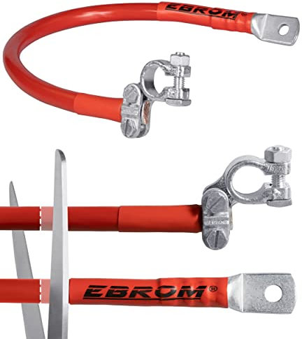 EBROM Câble de batterie pour voiture avec borne de pôle (+) connecteur à droite, 50 mm² rouge, prêt à l'emploi + gaine thermorétractable, œillets/cosses de câble M6/M8/M10/M12/sans