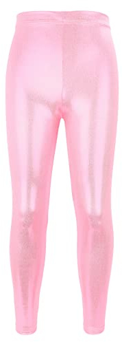 PythJooh Girls Dance Leggings, Little Girls Sparkle Glitter Gymnastics Full Length Pants Metallic Athletic Dancewear Leggings 3-14 Years Pink