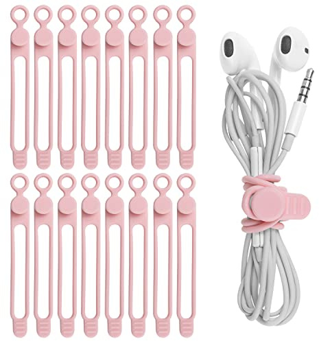 Nearockle 16 Stück Silikon Kabelbinder Wiederverschließbar 10.7cm | Kabel Organizer Kabelmanagement für Handy Ladegerät, Wiederverwendbare Cable Organizer für Zuhause, Büro (Rosa)