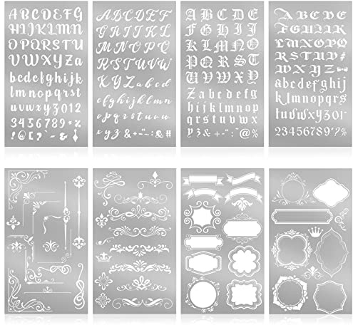 8 Stück 10.2x17.8 cm Edelstahl-Schablonen Holzbrennschablonen Alphabet-Zahlenschablonen für Tagebuch, Metallschablonen, Lesezeichen, Vintage-Blumenranken, Vorlage, Lineal, Gravur, Malerei