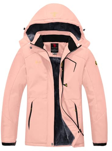 YSENTO Veste d'hiver imperméable pour femme Veste de ski d'extérieur Softshell chaude avec capuche amovible, Rose, XXL