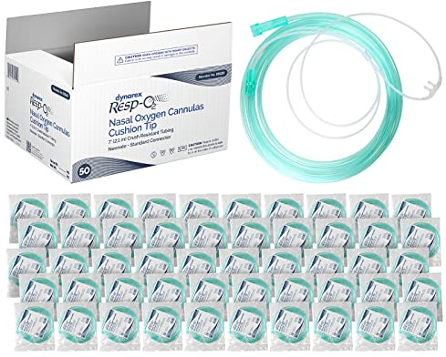 Dynarex Nasal Cannulas for Oxygen Therapy - 7' Crush Resistant Oxygen Supply Tubing for Newborn and Pediatrics - Soft Cushion Tip Standard Connector - 50 Per Case