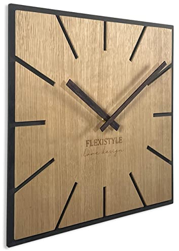 FLEXISTYLE Moderne quadratisch große WanduhrHolz ECO Durchmesser 50cm, Stille, Holzoptik, Eiche, Wohnzimmer, Schlafzimmer, Made in EU (Exact)