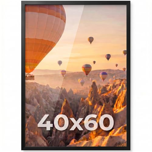PHOTOLINI Bilderrahmen 40x60 schwarz Holz MDF, Bilderrahmen 60x40 schwarz, picture frame 40x60 mit bruchsicherem Acrylglas zum Aufhängen, Rahmen 60x40 mit extra Zubehör - für Fotos & Poster