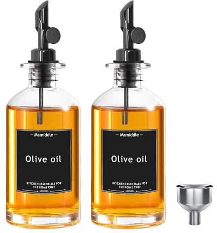 Mamiddle Essig und Ölflaschen Set mit Edelstahl Ausgießer Trichter und Aufkleber Ölspender Oil Dispenser Olivenöl Flasche für Küche und BBQ (350ml, Schwarz)