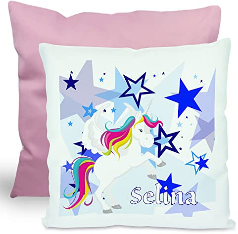 CreaDesign, Kinder Kissen 40x40 cm personalisiert mit Namen, Kinderzimmer Deko Kissen Kinder mit Füllung Federn, Motiv Einhorn Sterne blau, Rückenfarbe Rosa